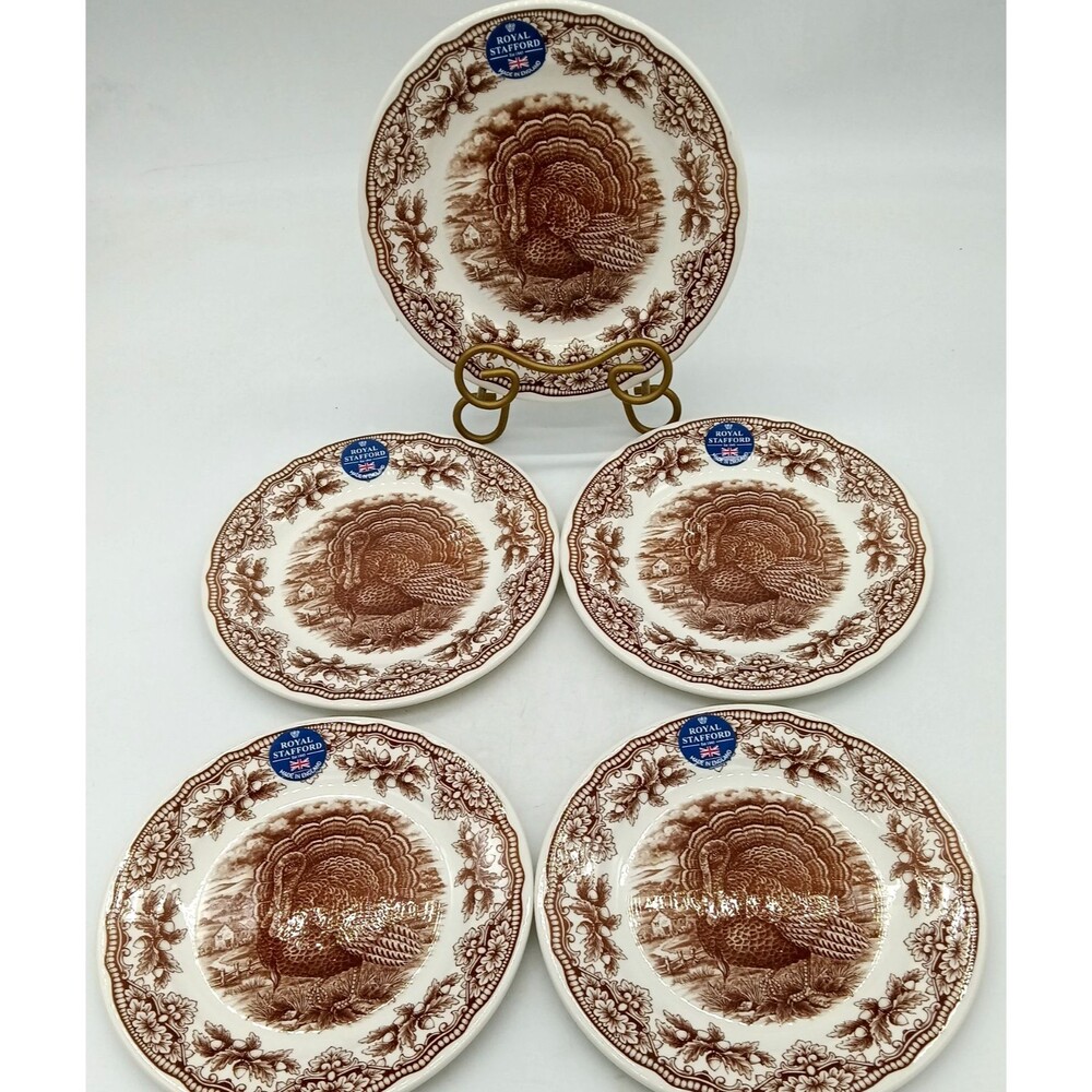 Royal Stafford Set of 5 Turkey Salad Plates Brown & White Earthenware NWT 8"
